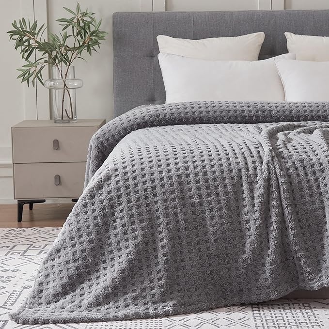 Soft Cozy Fuzzy Fleece Queen Size Blanket, Waffle Light Grey, 90x90 Inches – Lightweight, Fluffy, and Warm 3D Jacquard All-Season Blanket for Bed, Couch, Sofa, Camping, and Travel