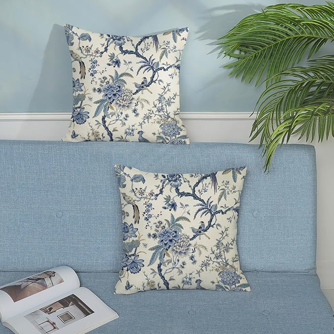 Chinoiserie Floral Bird Pillow Covers 16x16 Set of 2 Spring Chinoiserie Flowers Decorative Pillowcase Outdoor Blue and Cream Throw Pillows Farmhouse Linen Cushion Case for Couch Home Decor