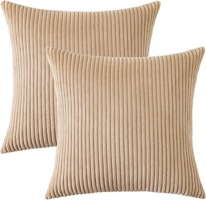 Mecatny Corduroy Decorative Throw Pillow Covers 18x18 Set of 2 for Sofa Living Room, Soft Neutral Boho Couch Pillow Covers for Home Decor, Khaki