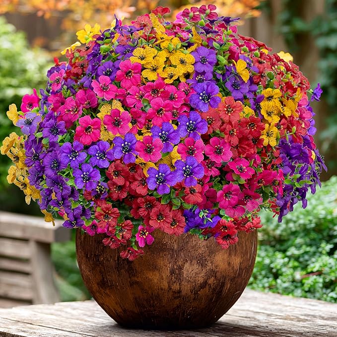 Artificial Flowers for Outdoors Fake Plants - 16 Bundles Faux Outside Greenery Boxwood UV Resistant Plastic Shrubs Decor (Mixed)