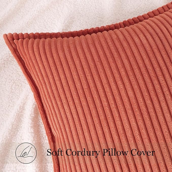 Mecatny Corduroy Fall Throw Pillow Covers 12x20 Set of 2, Neutral Decorative Soft Burnt Orange Boho Lumbar Couch Pillow Covers with Broadside for Sofa Living Room, Rust