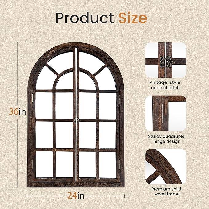 Arched Wall Mirror with Window Pane Design 36 x 24 Inch Rustic Farmhouse Wood Decorative Mirror for Living Room Bedroom Entryway