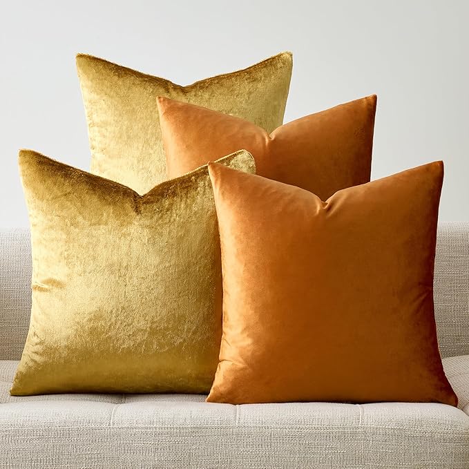 GIGIZAZA Pillow Covers 16x16 Set of 4,Gold Orange Velvet Soft Pillow Covers Decorative Square Modern Pillows Cushion Cases for Living Room