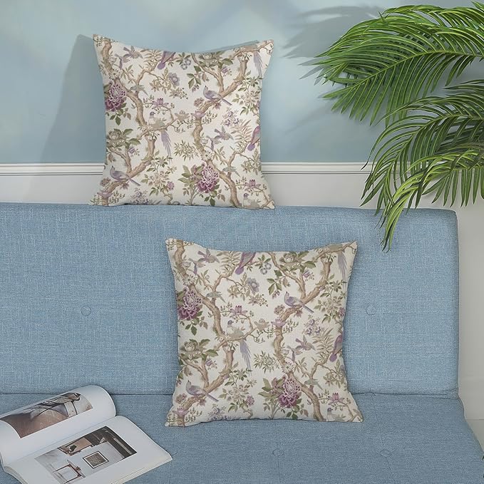 Chinoiserie Pillow Covers 18x18 Set of 2 Purple Green Floral Bird Throw Pillows Vintage Flowers Bird Decorative Pillow Cases Outdoor Chinoiserie Decor Farmhouse Cushion Case for Couch Sofa