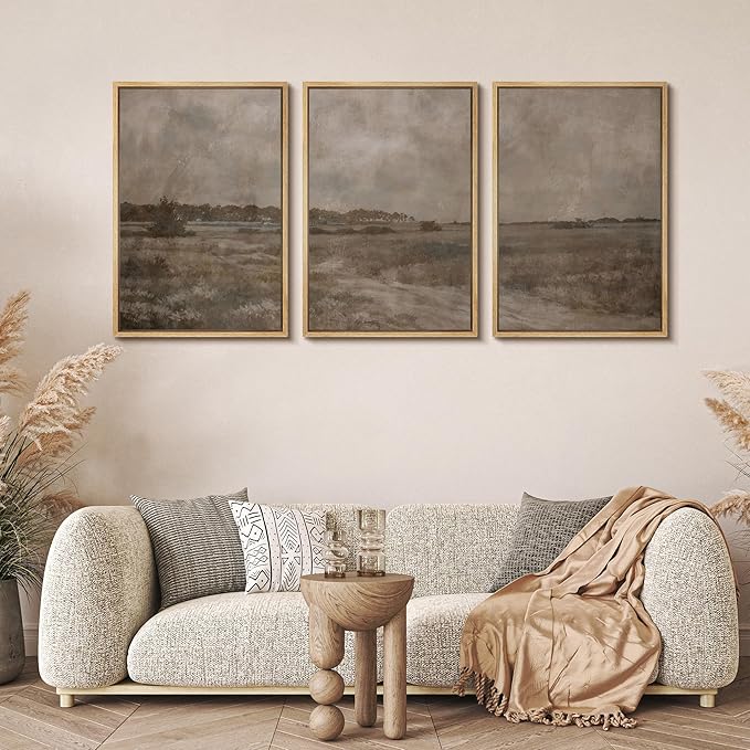 MUDECOR Framed Wall Art Print Set Vintage Neutral Countryside Landscape Rustic Field Path and Distant Trees Illustrations Modern Art Decorative for Living Room, Bedroom, Office - 24"x36"x3 NATURAL