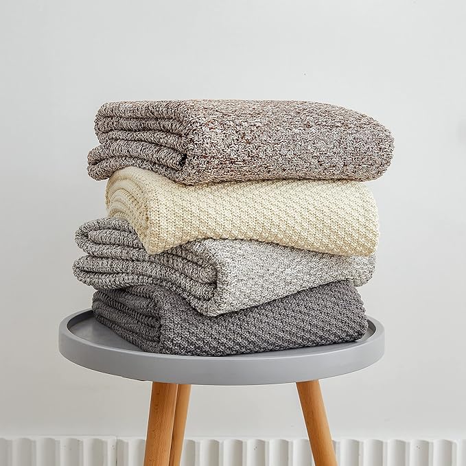 Longhui bedding Coffee Knitted Throw Blanket for Couch, Soft, Cozy Machine Washable 100% Cotton Sofa Knit Blankets, Heavy 3.0lb Weight, 51 x 63 Inches, Coffee and White Color.