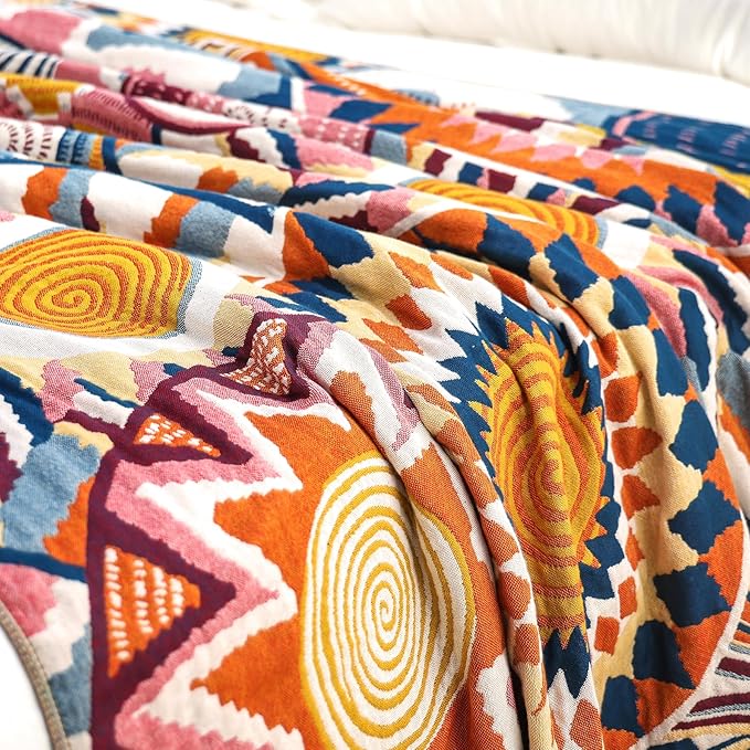 Boho Throw Blanket, 100% Organic Muslin Cotton Skin-friendly Breathable Ultra Soft Bed Quilt Throw - All Season Bohemian Decor Luxury Colorful Blanket for Sofa Couch Chair and Gift. 50" x 60"