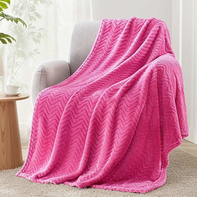 Exclusivo Mezcla Fleece Throw Blanket for Couch, Cozy Lightweight Blankets for All Season, Decorative Giftable Fuzzy Plush Wave Textured Throws for Women, Men, Hot Pink, 50x70 Inches