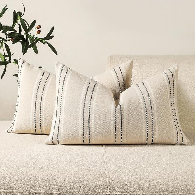 Hckot Hand Made Throw Pillow Covers 12x20 Set of 2 Striped Pillow Covers Textured Linen Decorative Pillows Lumbar Cushion Covers for Sofa Couch Bed Living Room Farmhouse Decor, Grey