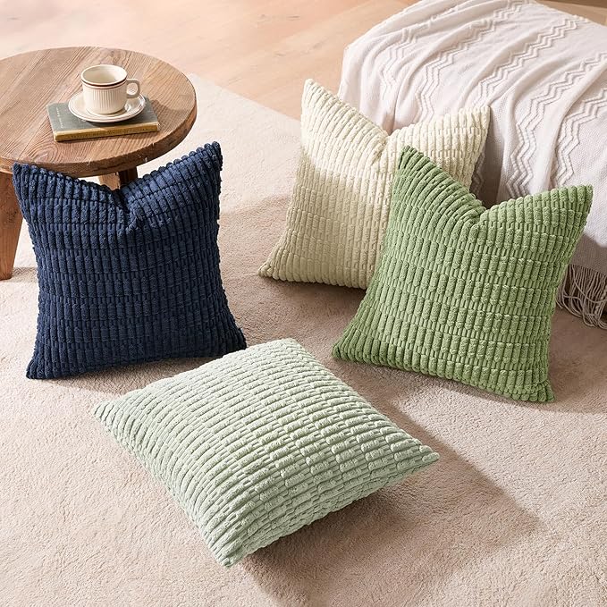 MIULEE Soft Corduroy Spring Throw Pillow Covers Set of 4 Green Blue 18x18 Inch Modern Farmhouse Boho Decorative Accent Cushion Covers for Couch Sofa Bedroom