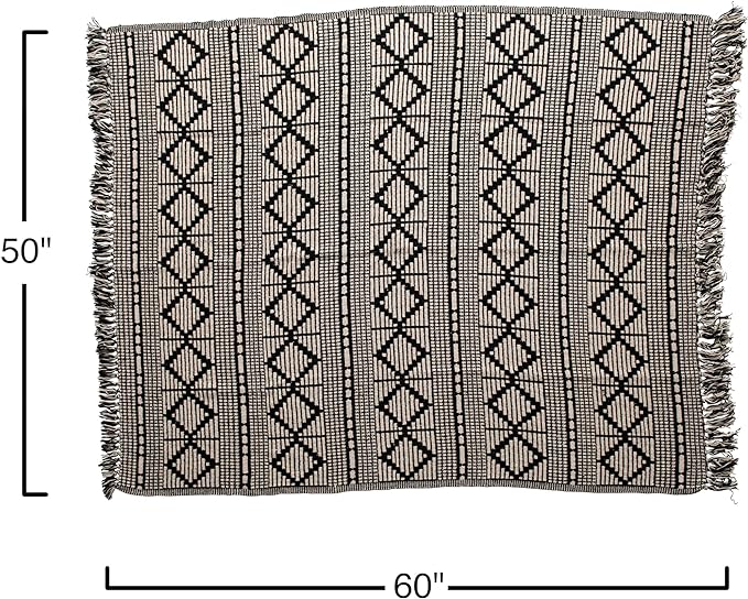 Bloomingville Soft Reclaimed Cotton Blend Throw with Diamond Pattern and Fringe, Black and Beige
