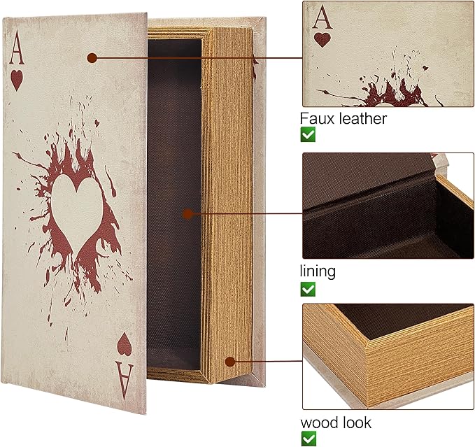 PACOLO Decorative Book Boxes, Faux Wood cover Storage for Hidden Jewelry, Money, and Cash (Ace of Hearts)