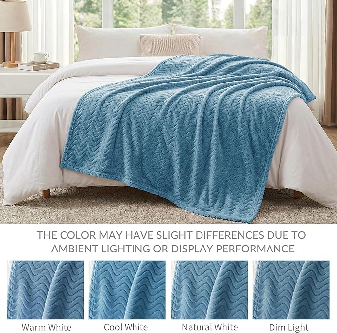 Exclusivo Mezcla Soft Fleece Throw Blanket for Couch, Cozy Lightweight Blankets with Decorative Wave Textured Suitable for All Season Use, Slate Blue, 50x70 Inches