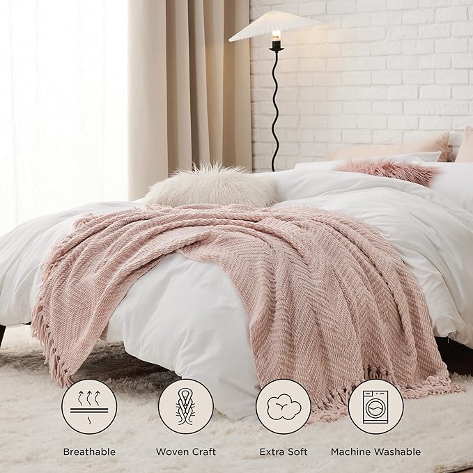 Bedsure Throw Blankets for Couch - Textured Knit Woven Chenille Blanket - Super Soft, Warm Decorative Boho Throw with Tassels for Bed, Sofa and Living Room, Pink, 50x60 Inches
