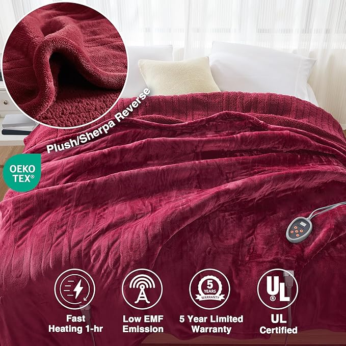 Beautyrest Heated Blanket, Electric Blanket, Soft, Warm, Reversible Plush - Sherpa Heating Blanket with 20 Heat Settings, 1-10 hrs Timer Auto Shut Off, Machine Washable, Full (84 inx80 in), Red