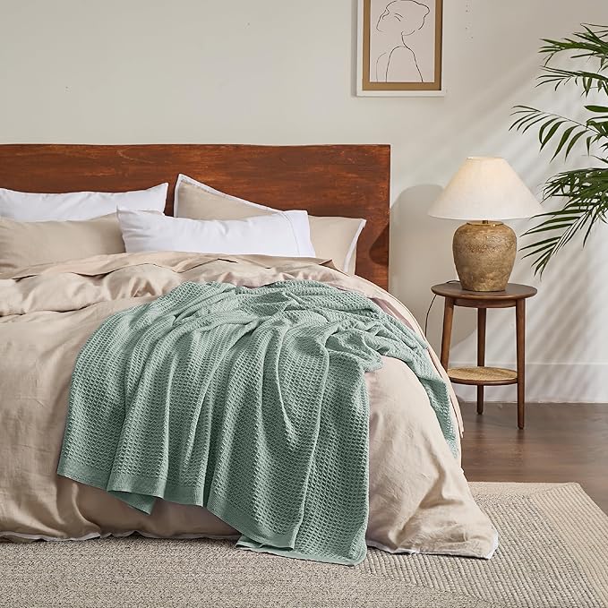 Bedsure Gentlesoft 100% Cotton Throw Blanket for Couch 50x70 inches - Cooling Breathable and Soft for Spring Summer, Waffle Weave Throw Blanket for Office, Sage Green