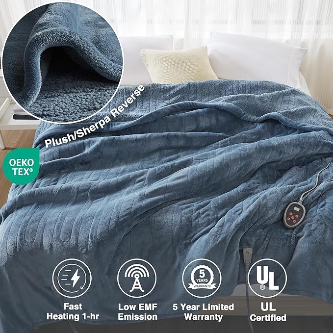 Beautyrest Heated Blanket, Electric Blanket, Soft, Warm, Reversible Plush - Sherpa Heating Blanket with 20 Heat Settings, 1-10 hrs Timer Auto Shut Off, Machine Washable, Full (84 inx80 in), Blue