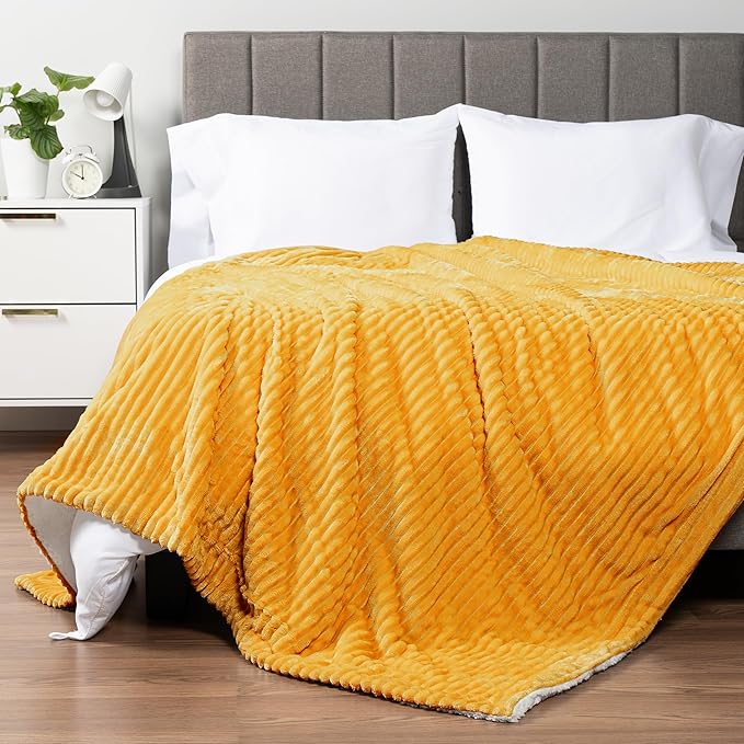 PAVILIA Mustard Yellow Sherpa Fleece Throw Blanket for Couch Twin, Soft Plush Fuzzy Blankets, Fluffy Flannel Sherpa Blanket for Bed, Warm 3D Ribbed Winter Blanket Gift, 60x80 inches