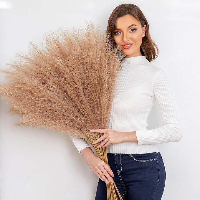 Faux Pampas Grass, 9 PCS 37''/3.1FT Tall Fluffy Fake Pompas Floral, Large Artificial Pompous Grass Branches for Floor Vase Fillers, Boho Farmhouse Room Wedding Decor (Taupe)