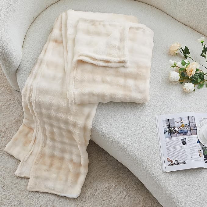 3D Bubble Plush Blanket Textured Fleece Throw Soft Warm Cozy Blanket Couch Bed Tie Dye Beige 50x60 Inches