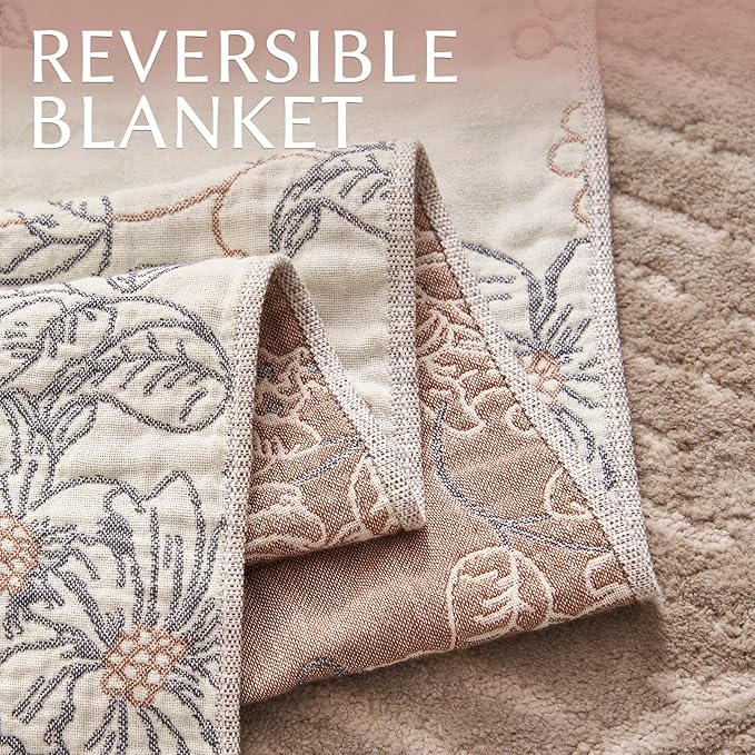 JINCHAN Boho Floral 100% Cotton Blanket 4-Layer Throw Blanket with Tassel Taupe and White Flower Butterfly Soft Luxury Rustic Farmhouse Decor Blanket for Couch Bed 60x80 inch All Season gift for women