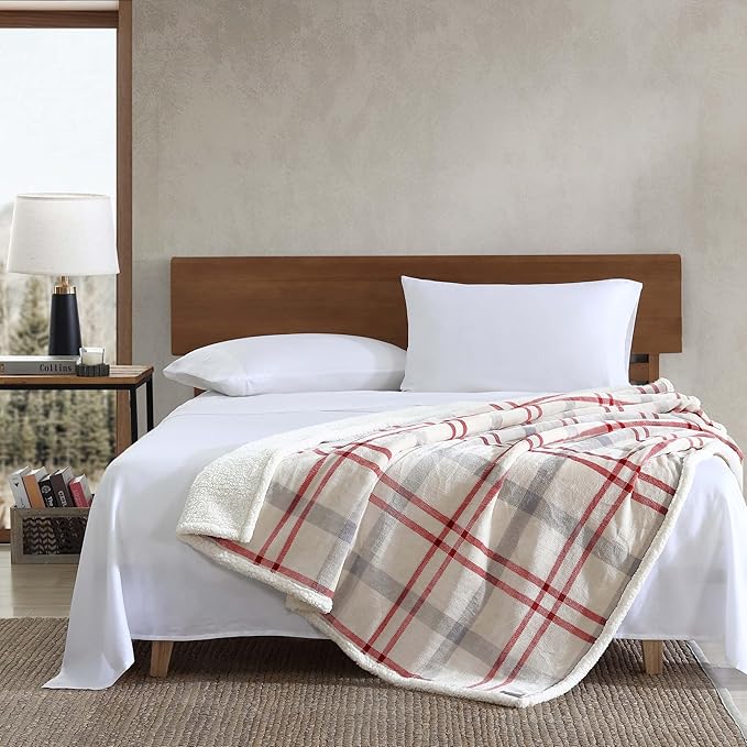 Eddie Bauer - Throw Blanket, Brushed Fleece & Plush Sherpa Bedding, Blanket for Couch & Bed (New Castle Red, 50" x 60")