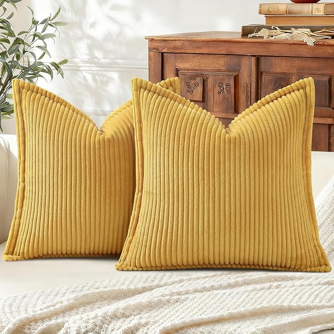 Mecatny Corduroy Throw Pillow Covers 20x20 Set of 2, Neutral Decorative Soft Boho Couch Pillow Covers with Broadside for Sofa Living Room, Mustard Yellow