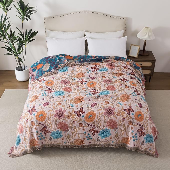 Boho Throw Blanket Full Size, Soft Cozy Cotton Muslin Quilt Blanket for Bed Decor, Floral Patterned Couch Sofa Chair Cover, Vintage Farmhouse Cottage Tapestry Woven Blanket, Coral&Green