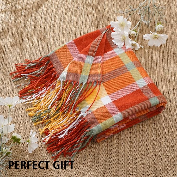 BATTILO HOME Fall Blanket Throw for Couch, Orange Plaid Throw Blankts, Burnt Orange Throw Blankets Farmhouse Style, Super Soft Decorative Multicolor Throw for Fall Decoration 50"x60"