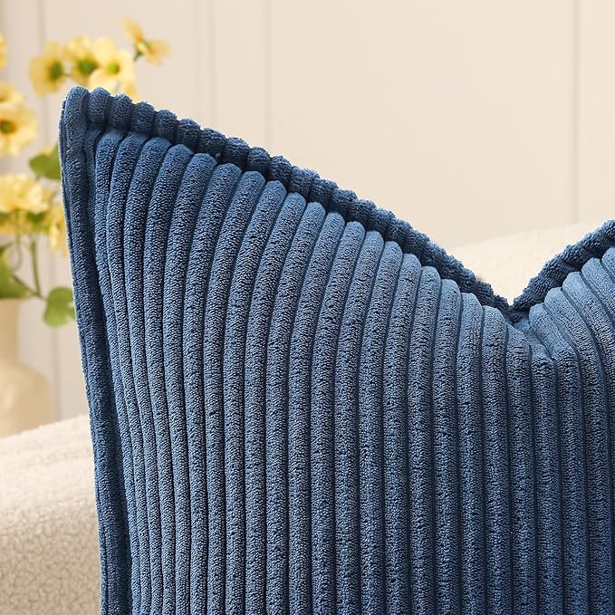 Mecatny Corduroy Throw Pillow Covers 26x26 Set of 2, Neutral Decorative Soft Boho Couch Pillow Covers with Broadside for Sofa Living Room, Navy