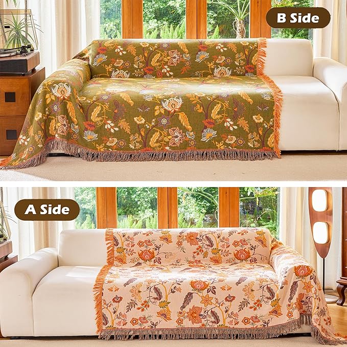 Boho Throw Blanket 60" x 80", 100% Organic Cotton Breathable Skin-Friendly Ultra Soft Bed Quilt Throw - Floral Rustic Decor Luxury Reversible Blanket for Sofa Couch Chair and Gift,