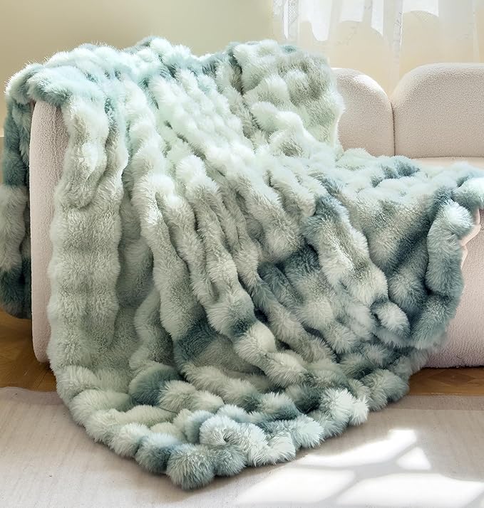H&D Faux Fur Throw Blanket for Couch,Fluffy Cozy Soft Plush Luxury Thick Fuzzy Fleece Blanket for Couch Bed Sofa Bedroom Living Room,Comfy Bubble Blanket(Sage Green, Full (70"x80"))