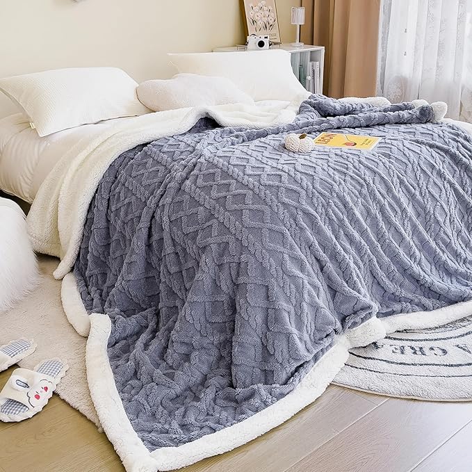 Sherpa Queen Blanket for Bed - Fleece Soft Cozy Fuzzy Blankets Thick Warm for Winter and All Seasons (Light Grey, Queen (90"x90"))