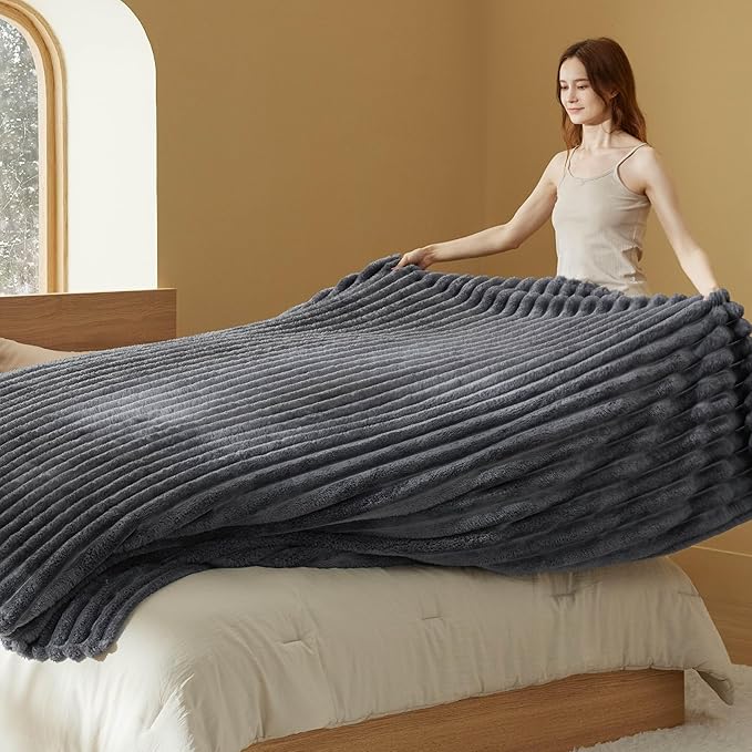 Bedsure King Size Blanket for Bed - 350GSM Super GentleSoft Fuzzy Fluffy Cozy Blankets for Women, Cute Large Plush Fleece Throws for Girls, Grey，108x90 Inches, Wider Striped Design