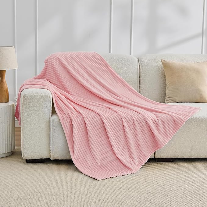 Bnuitland Fleece Throw Blanket for Couch, 300GSM Soft Warm Cozy Fluffy Throw for Adults & Kids, Stripe Pattern, All Season Sofa Bed Blanket for Home Decor, Light Pink 50"x60"