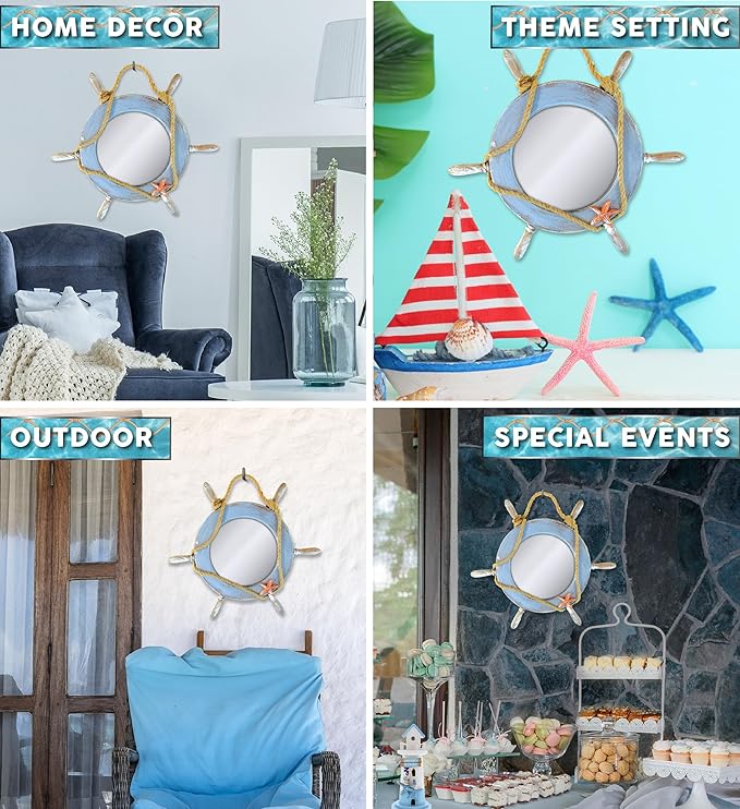 Puzzled COTA Global Pacific Mirror Boat Wheel Nautical Decor - Nautical Themed Wood Mirror, Beach Decor for Wall, Novelty Blue Boat Wheel Mirror with Rope and Starfish Wooden Figure