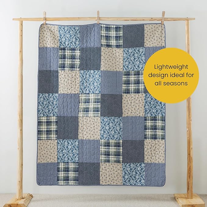 SLPR Cotton Quilted Throw Blanket, 50" x 60" Floral Farmhouse Patchwork Quilt, Shabby Chic Patchwork Throw Lap Quilt for Couch, Blue Symphony