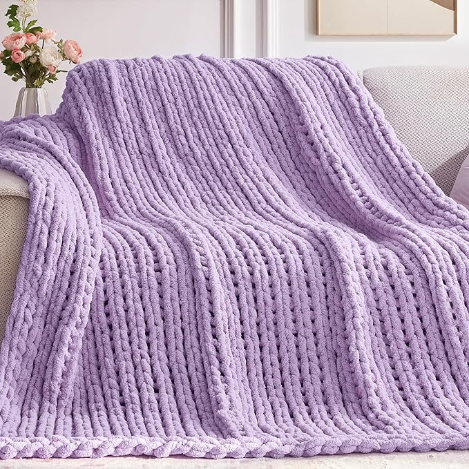 Chunky Knit Throw Blanket, 80''*90'' Knitted Throw Chenille Yarn for Bed Couch, Handmade Light Purple Crochet Big Thick Blanket, Machine Washable Cute Comfy Blanket for Home Decor