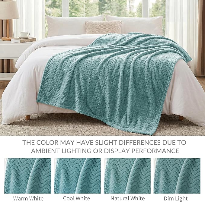 Exclusivo Mezcla King Blanket for Bed, Cozy Lightweight Fleece Blankets for All Season, Decorative Giftable Fuzzy Plush Wave Textured Suitable for Women, Men, Celadon, 90x104 Inches