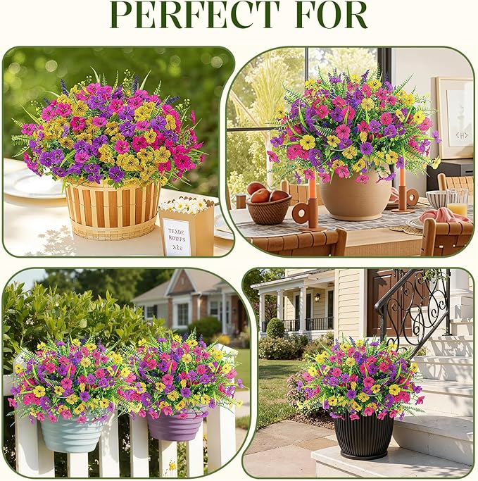 Alupssuc 24 Bundles Artificial Flowers for Outdoors Spring Summer Decoration, UV Resistant Faux Eucalyptus Violet and Lavender Silk Fake Plants for Outside Indoor Yard Home Patio Decor, Mix 3 Colors