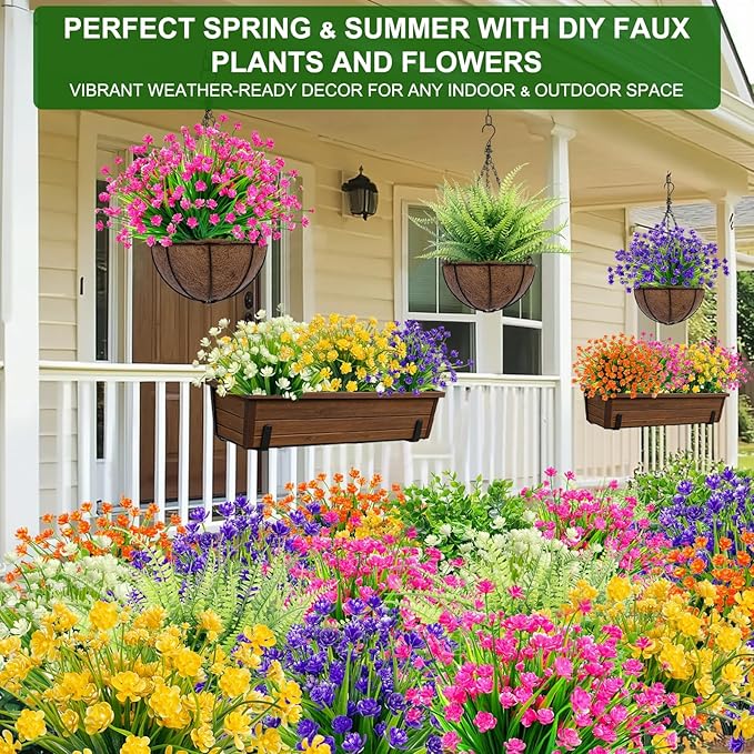 TURNMEON 20 Bundles Artificial Flowers for Outdoors, Spring Grass Camellia Fake Flowers Plastic Plants, UV Resistant No Fade Faux Greenery for Gardens Porch Summer Cemetery Decor 500 Heads(Purple)