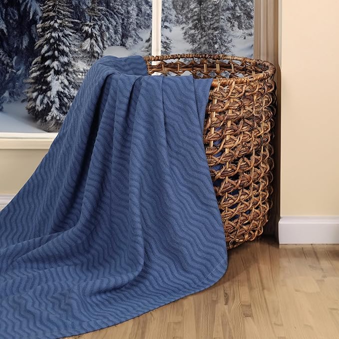 Superior JENA Cotton Blanket, for Picnic, Beach, Traveling or Camping, Bedroom Decor, Essentials, Cover for Bed, Couch, Lounging, Textured Jacquard, Modern Chevron Woven Blanket, Twin, Merritt Blue