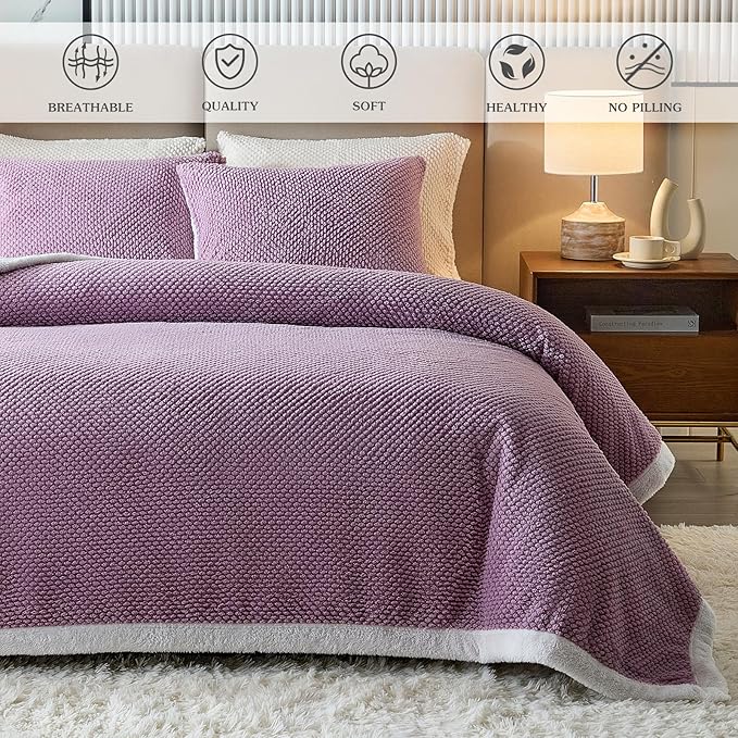Luxury Flannel Fleece Sherpa Blankets Twin Size for Bed, Jacquard Boho 3-Layer Thick and Warm Blanket for Winter, Soft Cozy Fuzzy Plush Velvet Blanket with 2 Pillow Cases, Purple, 68x86 Inches