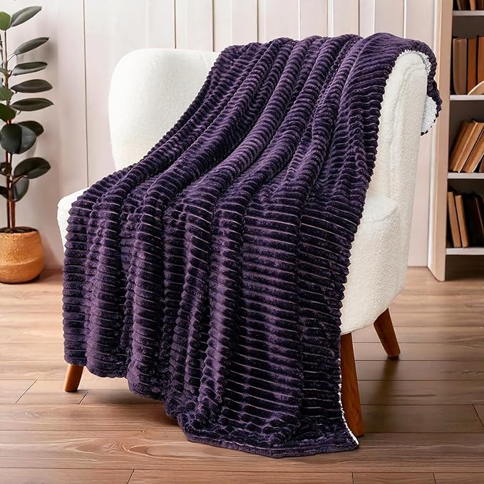 PAVILIA Dark Purple Sherpa Fleece Throw Blanket for Couch, Soft Plush Fuzzy Blankets, Fluffy Flannel Sherpa Blanket for Sofa, Warm 3D Ribbed Winter Blanket Gift, 50x60 inches