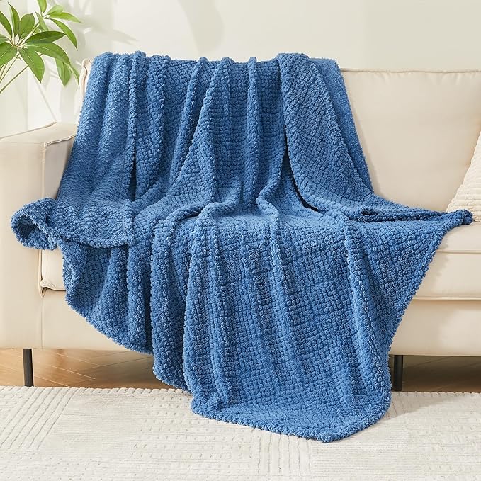 EMME Fleece Blanket, 3D Jacquard Throw Blanket for Couch and Bed, Soft Cozy and Fluffy Blankets Lightweight Luxury Flannel with Waffle Design (Navy Blue, 60" x 80")