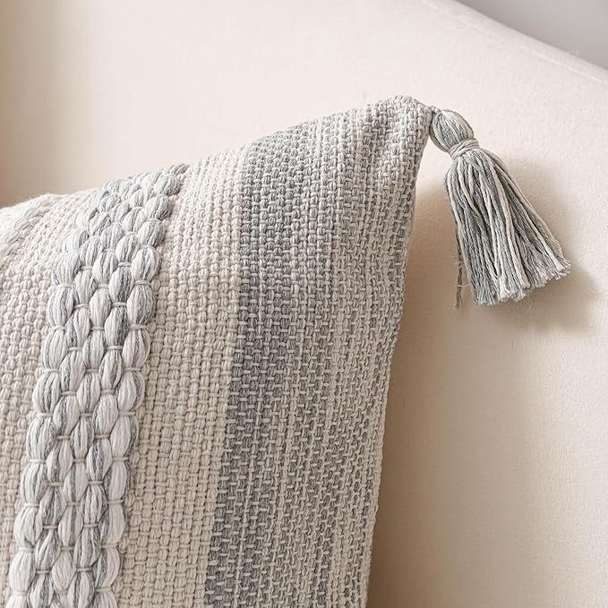 BlissBlush Gray Boho Decorative Throw Pillow Cover 20x20 Square Farmhouse Accent Cushion for Couch Sofa Livingroom Bedroom Pillowcase Modern Home Décor (Pack of 1)