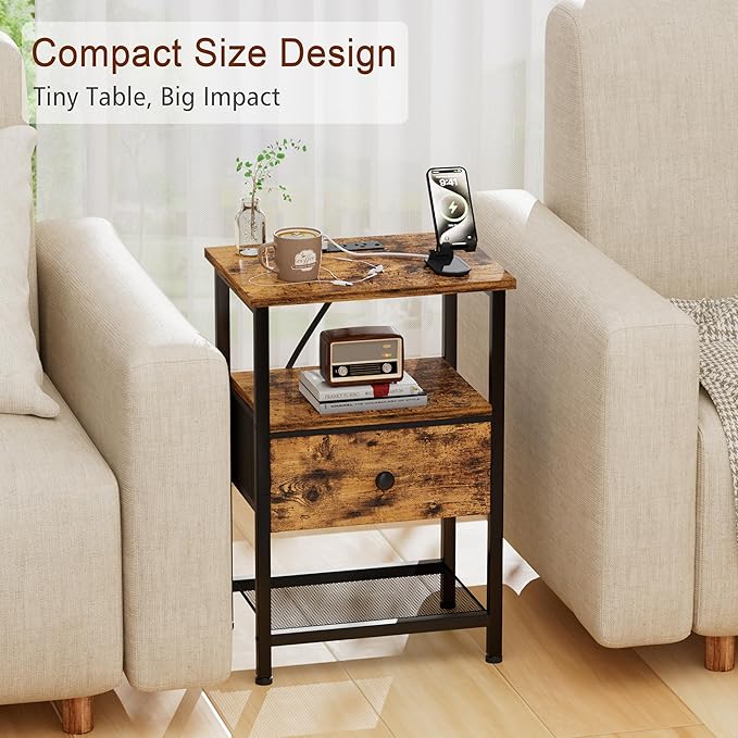 Night Stand with Charging Station, Small Bedside Table with Fabric Drawer, Nightstand with USB Ports & Outlets for Bedroom, Living Room, Brown, HETS010BR-1