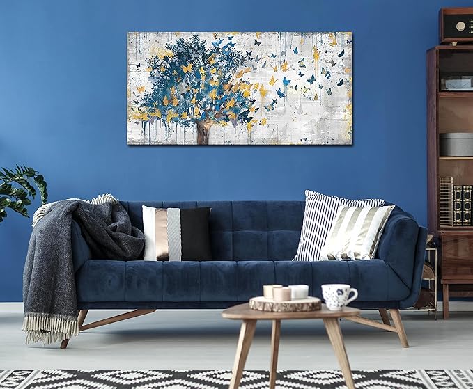 Kepgonegu Large Canvas Wall Art Blue Tree Golden Butterflies Picture Abstract Grey Graffiti Canvas Prints Ready to Hang for Living Room Bedroom Size 24x48