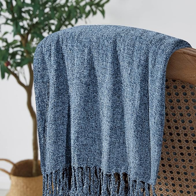 BOURINA Chenille Fluffy Throw Blanket with Decorative Fringe for Couch Cover Sofa Chair Blanket（50×60 Inches） Navy
