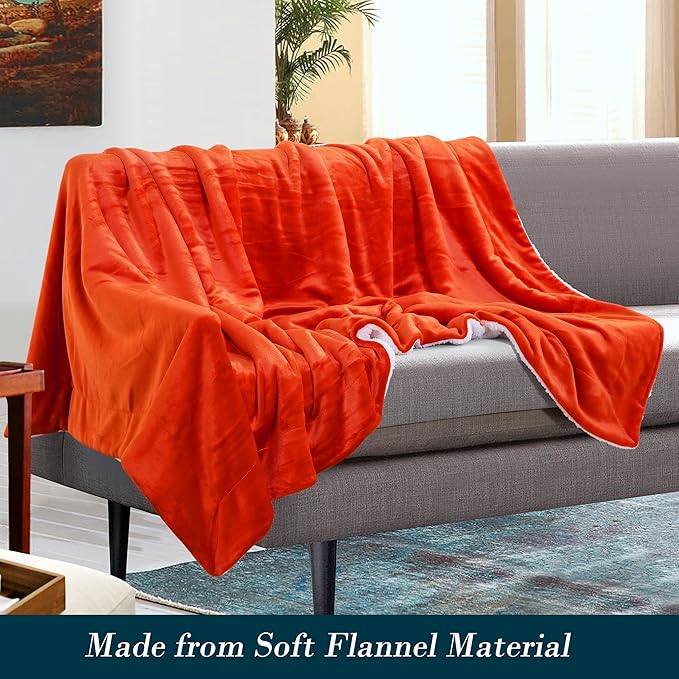 Mocassi Premium Ultra-Soft Flannel Fleece Sherpa Throw Blanket - Warm Cozy Reversible Plush Micromink Blanket for Couch, Bed and Sofa - Fluffy, Christmas Winter Bedding Gift, Twin, Orange